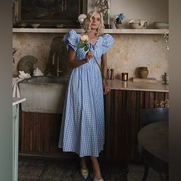 NWT Antonio Melani x Jennifer Sumko Catherine Gingham Puff Sleeve Midi Dress - Picture 2 of 6